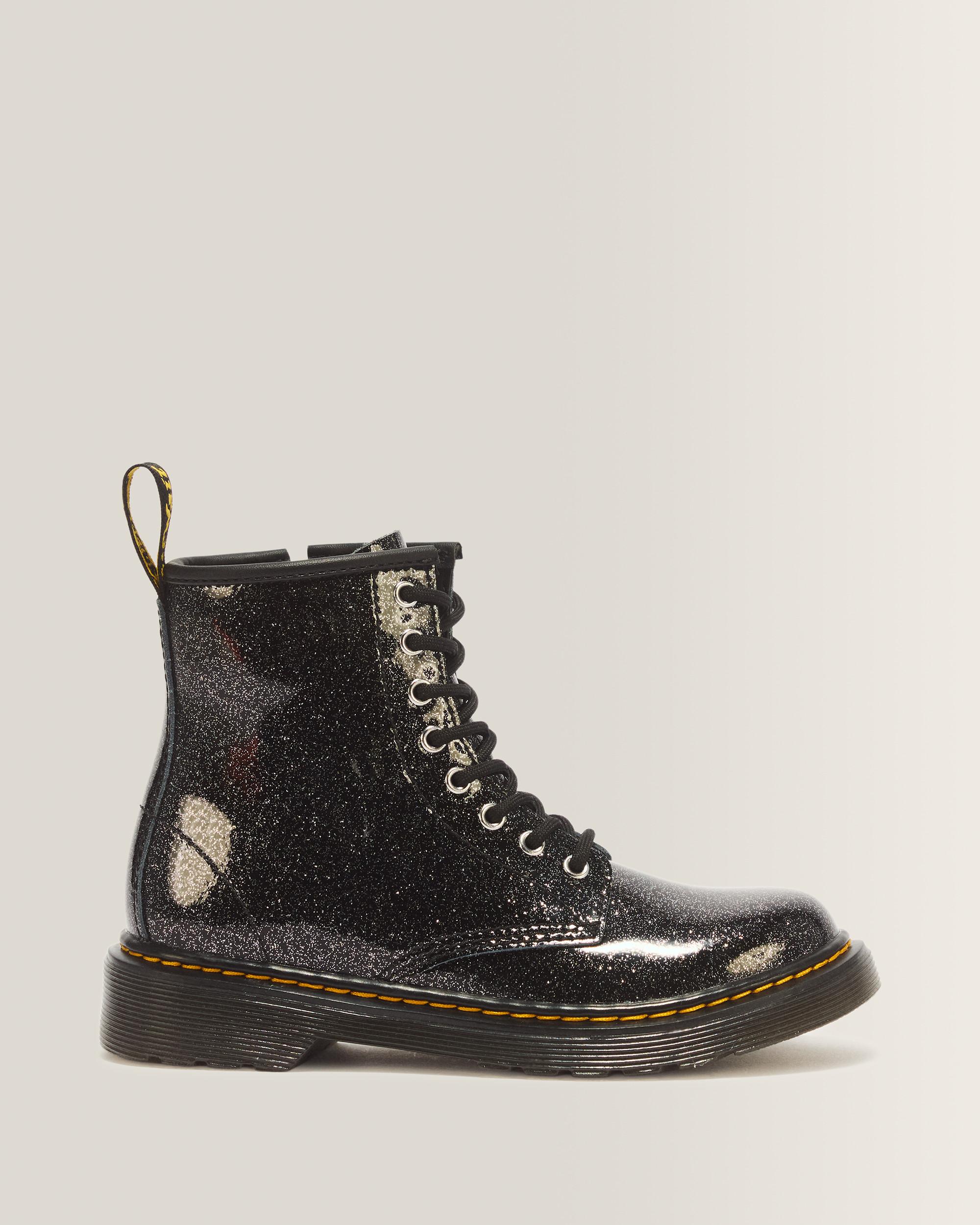 JUNIOR 1460 GLITTER PATENT LEATHER BOOTS - BLACK+SILVER