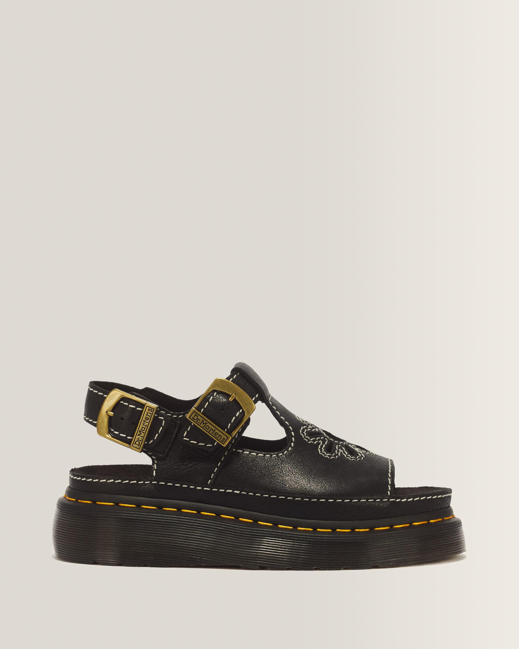 Dunnet Flower Full Grain Leather Sandals - Black