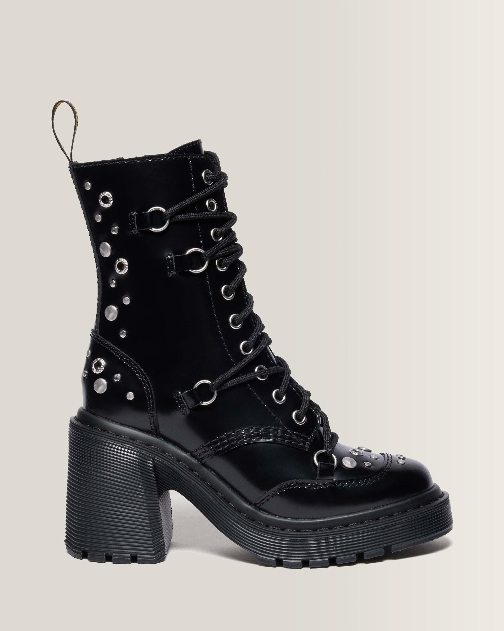 CHESNEY STUDDED BUTTERO LEATHER FLARE HEEL BOOTS - BLACK BUTTERO